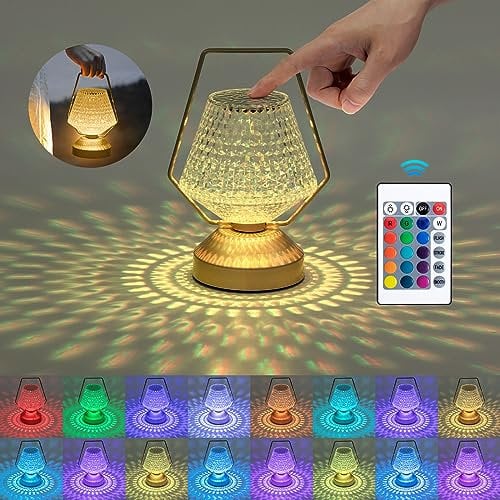 Aigostar LED Lámpara de Mesa de Cristal, 16 Colores y 4 Modos Lámpara de Noche de Rosa Diamante con Control Remoto, USB-C Recargable Luz Nocturna
