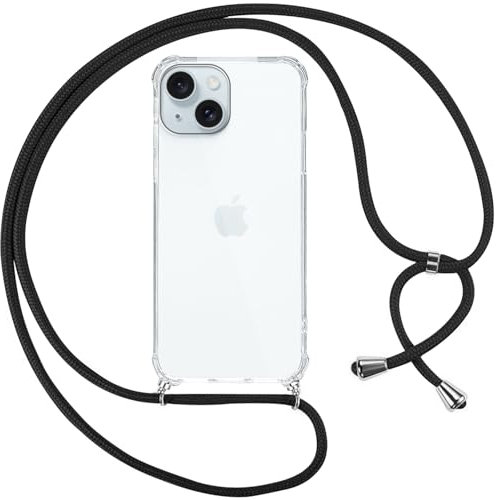 Pnakqil Cover per iPhone 15 con Cordino, Trasparente Custodia con Laccio Tracolla Cellulare Girocollo Collana Protettiva per iPhone 15, Nero