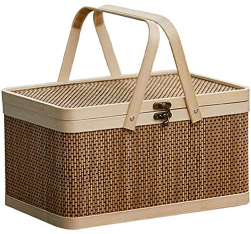 Tbkoeudhg Natürlicher, Geflochtener Korb Aus Bambus, Picknickkorb mit Deckel, Tragbarer Aufbewahrungskorb für Snacks, Brot