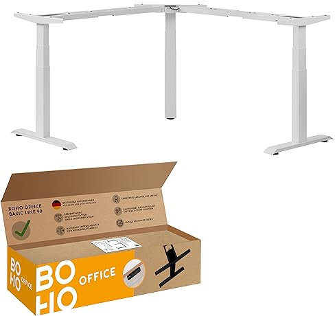 boho office® Höhenverstellbarer Schreibtisch Gestell - Elektrisch stufenlos, Eckschreibtisch mit 3 Motoren 50 mm/Sek, 3-Fach Teleskop, stabil, Memoryfunktion, Kollisionsschutz - Basic Line 90 Weiß