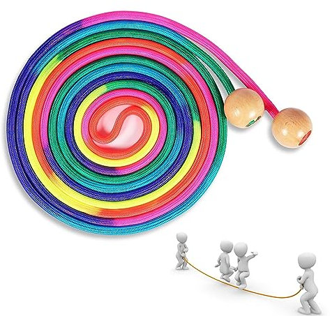 Springseil Lang 5m Springseil für Mehrspieler Seilspringen Rainbow Gruppen Springseil mit Hölzerne Kugelgriff für Kinder und Erwachsene für Schule Sport Outdoor Aktivitäten Fitness und Training