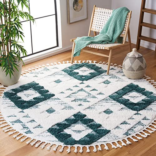 SAFAVIEH MTS688Y-3R Zottelteppich, marokkanischer Quasten-Teppich, 91 cm, rund, Plüsch, 5,1 cm dick, ideal für stark frequentierte Bereiche im Wohnzimmer, Schlafzimmer, Esszimmer