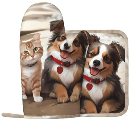 VducK Lot de 2 maniques et maniques - Motif chat et chien - Tendance - Résistants à la chaleur - Pour barbecue, grill, pâtisserie