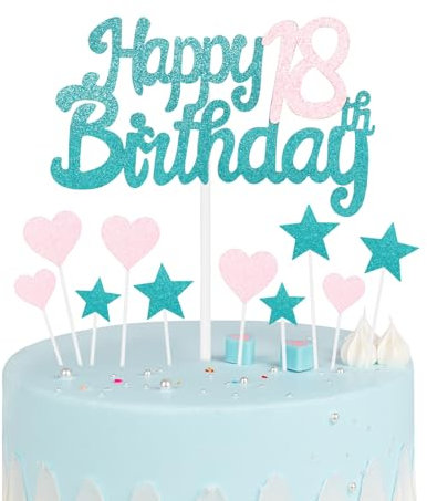 Blue Pink 18th Birthday Cake Topper, Girls 18th Birthday Decorations, Glitter Heart Stars Cake Toppers, Personalised Happy Birthday Cake Cupcake Toppers for Women Girls Baby Birthday Party Supplies