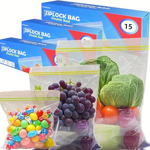 RAONEUS 70Pcs Food Storage Freezer Bags BPA Free Expandable Bottom Leakproof Airtight Food Storage Bags with Double Zip Seal, (1L/2.27L/4.55L) + Marker Pen, Reusable for Snacks, Fruits, Meal Prep