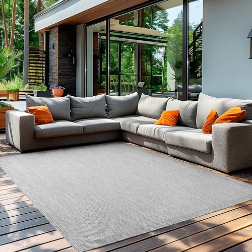 Teppium Modern Outdoor Teppich Wetterfest 300x400 (280 x 370 cm) Grau- Flachgewebe Sisaloptik Balkon Teppich Wasserfest - Waschbarer Teppich für Garten, Terrasse, Camping und Küche