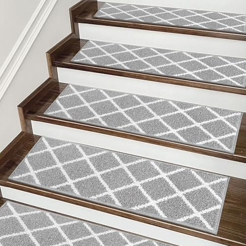 COSY HOMEER 15 Pack Nonslip Stair Carpet Treads, 22 x 70cm Polyester Medium Pile Carpet Stair Treads with TPE Backing, Super Grip Self-Adhesive Stair Treads, Noise Reduction & Machine Washable, Grey