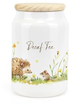 Purely Home Hedgehog & Mouse Ceramic Decaf Tea Storage Canister - Woodland Wildlife & Scenery Artwork Kitchen Food Storage Container & Wooden Lid 600ml (14.5cm x 9.5cm)