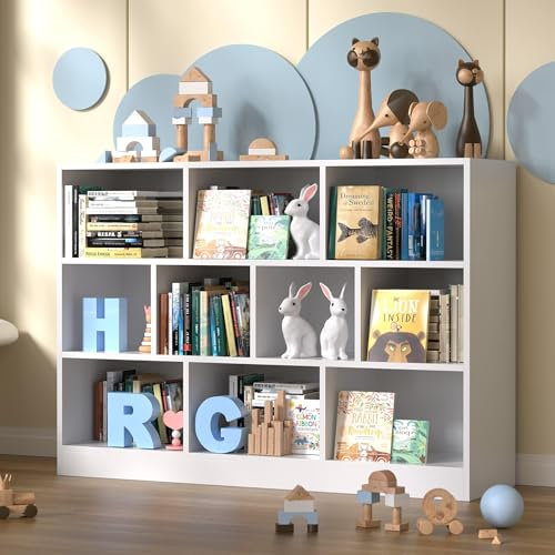 WUDLEP Bücherregal mit 10 Fächern, Würfelregall mit 3 Ebenen, Standregal mit Kippschutz, als Raumteiler Aktenschrank DVD-Regal, 24x120x104 Zentimeter, weiß