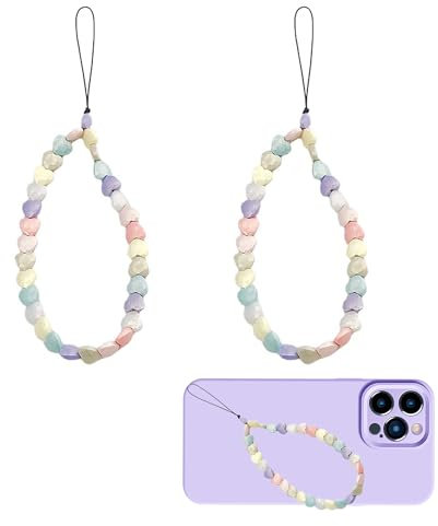 2PCS Phone Wrist Strap Heart Shape Phone Charm Strap Colorful Mobile Phone Charms Acrylic Cute Mobile Phone Lanyard Beaded Phone Strap Hanging Cord Phone Chain Accessories for Women Girls