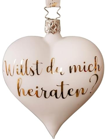 Heiratsantrag, Mundgeblasene Herz-Ornament aus mattem Weiß mit goldfarbener Aufschrift Willst du Mich heiraten?, 10 cm