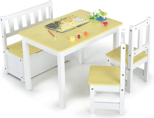 DREAMADE Kindertisch mit 2 Stühlen, Kindersitzgruppe mit 22L Strauraum, Kindertisch aus Holz, Kindertruhenbank Kindermöbelset Holzsitzgruppe für Kinderzimmer, Spielzimmer, Wohnzimmer (Natur)