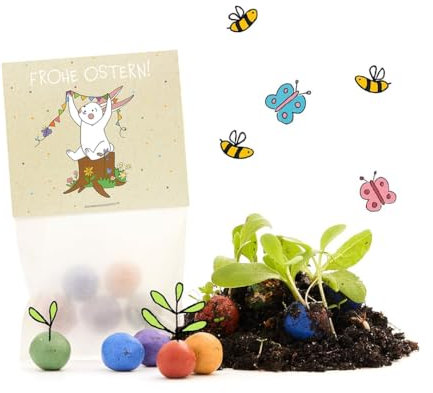 Ostergeschenk Frohe Ostern – Set aus 10x5 bunten Blumenmurmeln l Kleine Saatkugeln in einem Tütchen mit Hasen-Motiv und Lichterkette l Geschenk zu Ostern l Geschenkidee Ostern l Ideal fürs Osternest