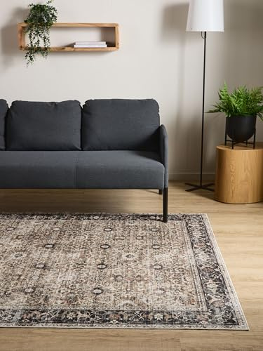 Interiyou Vintage Teppich Wohnzimmer Gent - 200x300 cm Anthrazit/Taupe - Für Schlafzimmer, Esszimmer, Kinderzimmer - Kurzflor waschbar und rutschfest, Print Muster