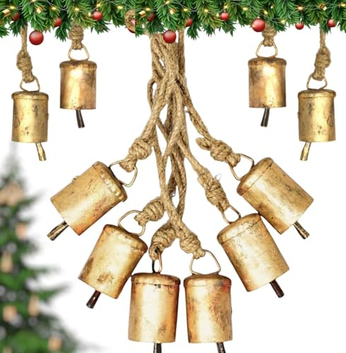 Set mit 6 Glocken für Weihnachtsbaum, rustikale Dekorationen, Vintage-Glocken, Outdoor, Weihnachten, goldene Glocken – rustikales Metall, handgefertigt, Glückskuhglocken, Zinn, Metall, Baumschmuck mit