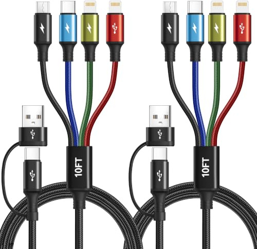 MINLU Cable Carga Rápida 4 en 2, Cable Cargador Múltiple 2 Piezas de 3 m | Trenzado Cable de Carga con puertos Lightning/tipo C/micro USB, Cable de Carga USB para iPhone/Galaxy/Android,Tablet