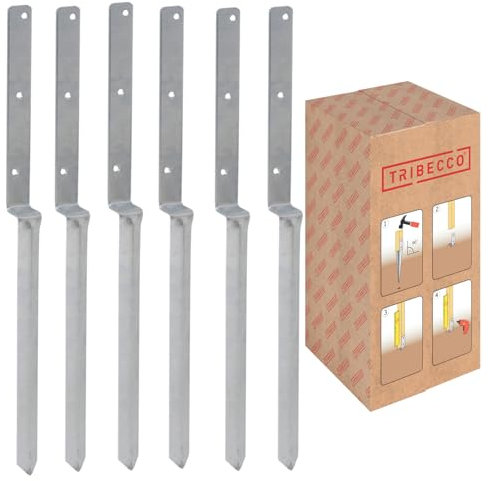 TRIBECCO Lot de 6 douilles de sol à enfoncer en forme de L pour poteaux en bois carrés. Dimensions : 40 x 700 mm. Support de poteau en L à enfoncer dans le sol. Chaussure de support universelle en L