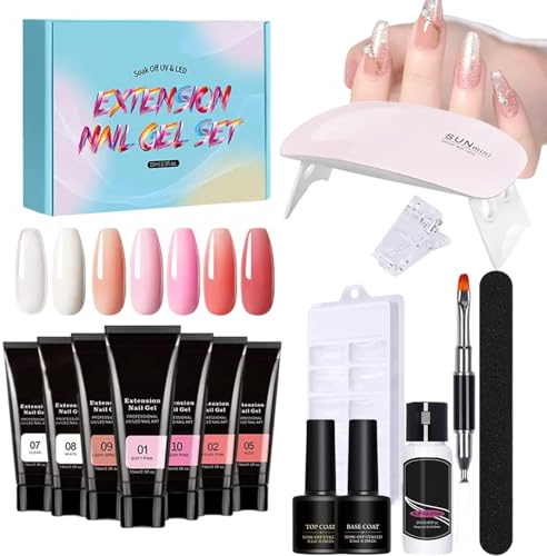 PhnkjGh Poly Nail Gel Kit,Extension Gel Set Nail Kit with UV Light - 7 Colors Thickening Solution Builder Toenail Art for Beginners & Home
