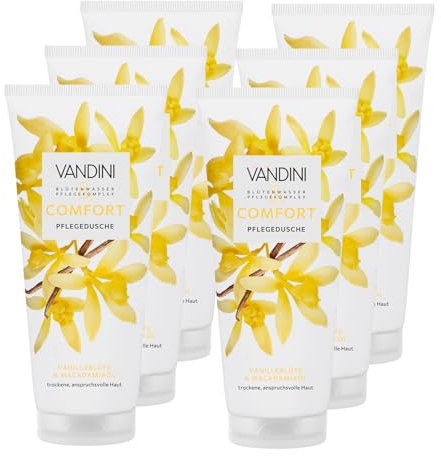 VANDINI 6x COMFORT Pflegedusche Damen 200 ml mit Vanilleblüte & Macadamiaöl - Duschgel für trockene, anspruchsvolle Haut - vegan, ohne Parabene& Silikone, dermatologisch bestätigt, Made in Germany