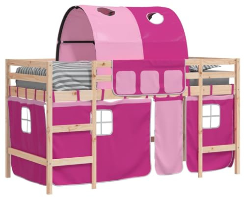 Goldicoo Kinder Hochbett mit Vorhänge & Tunnel – Rosa Blau Schwarz – 80x200 90x190 90x200 – Massivholz Kiefer – Kinderbett für Jungen und Mädchen