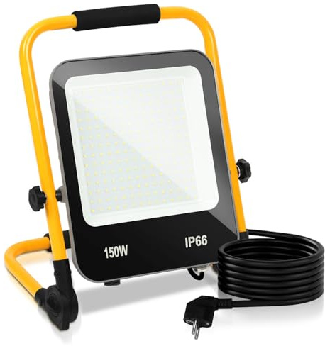 Monucep LED Baustrahler, 150W 13000LM LED Arbeitsleuchte, IP66 Wasserdicht Baustrahler mit 3M Kabel und Faltbarer Ständer, Tragbar Arbeitsscheinwerfer baulampe für Baustelle, Garage, 6000K