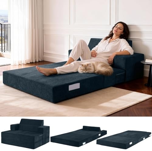 Fantico 4-in-1 Schlafsofa 100 x 200 cm – Schlafsessel mit Bettfunktion, klappbares Bettsofa, Faltbare Schlafcouch mit schrägen Rückenkissen & separatem Kissen, waschbarer Bezug, Blau