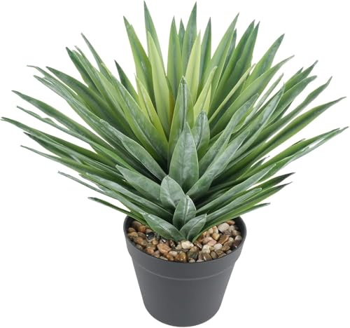 Künstliche 38 cm große Sommer-Agave im schwarzen Topf, realistische, große künstliche Agave für die Innen- und Außendekoration, geeignet als Tischdeko