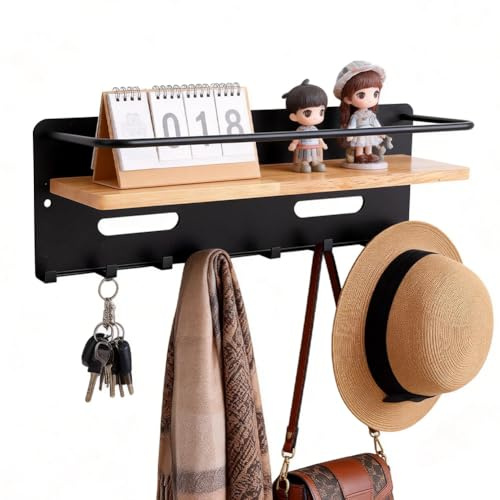 FARYODI Plaque à clés en bois avec étagère - Noir - Avec 8 crochets à clés - Décoration murale pour entrée, couloir, salon, chambre à coucher