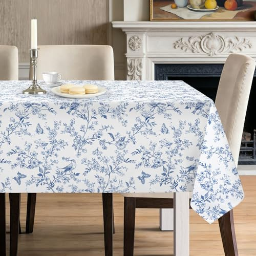hometrixx Tischdecke Frühling Retro Blumen Vögel Garten 140x180cm Blau Weiß | Tischdecken Abwaschbar,Fleckabweisend,Pflegeleicht,Polyester Tischtuch Rechteckig,für Party Picknick Abendessen Küche Dekor