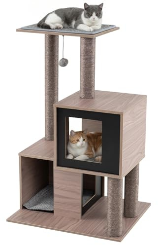 COSTWAY Mueble Rascador para Gatos, 93 cm Torre de Gatitos de Madera Multinivel con Poste Rascador de Sisal, Condominios, Percha, Cojines y Alfombrilla Extraíbles, Árbol Rascador para Gatos
