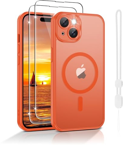 Jshru 3-in-1 Magnetic Case for iPhone 15: Compatible with MagSafe, Includes Anti-Loss Phone Lanyard & HD Screen Protector, Slim & Protective Cover,iPhone 15 6.1''-Orange