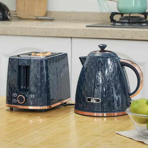 2 Slice Toaster and 1.7L Electric Kettle Set, Retro Honeycomb Texture with Rose Gold Accents, Stainless Steel Breakfast Combo with Auto Pop-Up Toaster & Fast Boil Kettle for Home Kitchen, Navy Blue