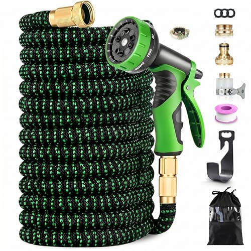 Tubo Estensibile da Giardino 45m Professionale con Pistola 10 Funzioni, Tubo Irrigazione 45 Metri Extra Lungo Antitorsione, Raccordi Ottone, Tubo Acqua per Grandi Aree e Camper