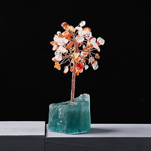 DPURPIWADY 1PC Crystal Rubble Fortune Tree Rough Crystal Flower Tree Irregular Rose Quartz raw Stone Base Home Decoration Ornaments (Color : Agate G)