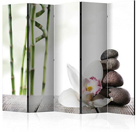 RAUMTEILER/PARAVENT B&D XXL - Paravent Raumteiler Innen Spa Zen Bambus Orchidee Blumen 225x172cm 5-teilig Einseitig Raumtrenner Trennwand Holz Room Divider Wand Raum Abtrennung schwarz weiß