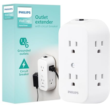 Philips 6-Outlet Extender, Grounded Wall Tap, Reset Button, Circuit Breaker, Adapter Spaced Outlets, 3-Prong, Multiple Plug, Quick and Easy Install, Cruise Essentials, ETL Listed, White, SPS1460WA/37