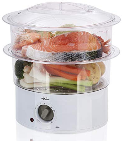 Jata CV5020 - Vaporera con 2 cestas apilables transparentes, un recipiente para arroz o salsas y rejilla para cocción de huevos. Depósito de 500ml. Temporizador de hasta 60 minutos. Cocina sana