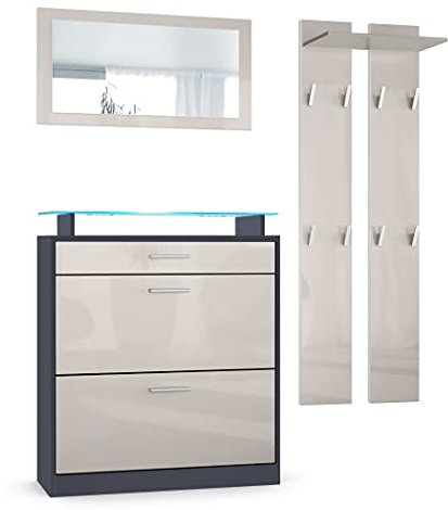 Vladon Garderoben-Set Loret Mini, Schuhschrank 89 x 104 x 23 cm für bis zu 16 Paar Schuhe inkl. Spiegel, 2 Wandpaneele und LED-Beleuchtung in Blau, Anthrazit matt & Sandgrau Hochglanz