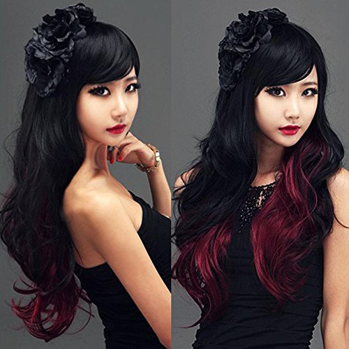 IMISSU Langes lockiges Naturhaar Cosplay Perücke mit buntem Pony Halloween Kostüm Party Perücken für Frauen (Schwarz Rot)