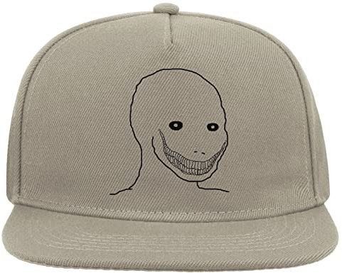 Big Creepy Smile Wojak Meme 5 Panel Snapback Flat Visor Cap Hat Baseballmütze Grau