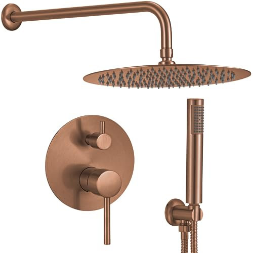 VALAZ Doccia Incasso Oro Rosa Spazzolato Protezione PVD | Miscelatore Doccia Incasso Spruzzatore Effetto Pioggia | Installazione a Parete Facile | Inossidabile, Rotondo, Spruzzatore 25 cm, Serie Jucar