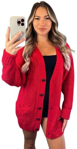 Crazy Fashion Women’s Long Sleeve Grandad Open Front Button Top Chunky Aran Cable Knitted Cardigan Ladies Sweater Winter Jumper Red 16-18