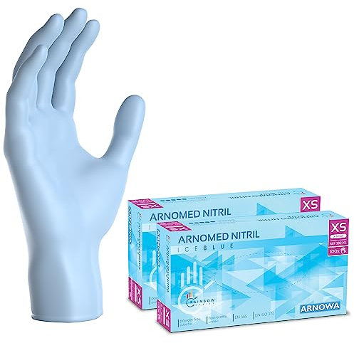 ARNOMED gants jetables bleu clair, gants nitrile taille XS, 200 pcs gant jetable (2 boîtes), gants en nitrile non poudrés & sans latex, gants jetable cuisine, gants a usage unique XS, S, M, L & XL