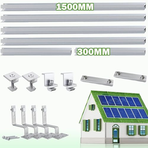 Warmfay PV Halterung Ziegeldach Montageset, Alu 1500MM+300MM Durchgängigen Profilschienen und Dachhaken Solarmodul Ziegeldach für 4X Module, Solar Halterung Ziegeldach für PV Module 30MM Dicke