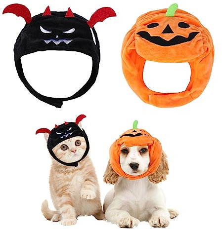 2Pcs Halloween Haustier Kostüm Dekoration, Hund Halloween Hüte Haustier Kürbis Kopfschmuck Zubehör Katze Dämonen Hut Haustier Hals Ohrenwärmer Hundehüte Kopfbedeckung für Halloween Cosplay Parade