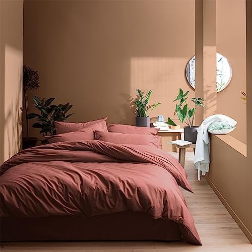 MATT & ROSE Parure de lit 260x240 cm Unie Coton LAVÉ | 100% Coton Lavé | Oeko-TEX | Housse de Couette 240x260 cm + 2 Taies d'oreiller 65x65 cm | Terre Cuite