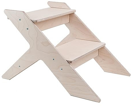 Marchepied classique en bois pour adultes et enfants, idéal pour la chambre, la cuisine et plus encore, design à 2 marchepieds pour un accès facile (blanc naturel)