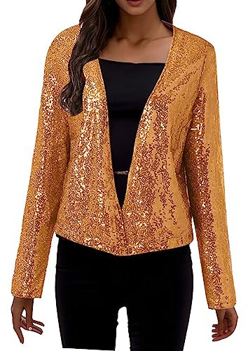V-Ausschnitt Stehkragen Spleißmantel Paillettenjacke Kurze Strickjacke Skijacke Damen (Gold, S)