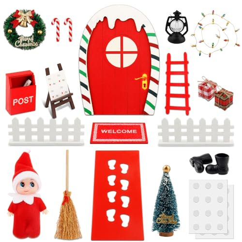 tronisky 22 Pezzi Porta Elfo Natale Kit, Casa Elfo Natale in Miniatura Natalizie Fai da Te Casa, Porta Gnomo Set Natalizio, Porta Elfo Natale Accessori per Porta Gnomo Natale, Natale Decorazione