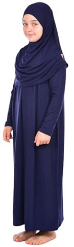 Prien Robe De Priere Pour Enfant, Vetement Musulmane Pour Fille, Abaya À Manches Longue Avec Hijab, Vêtements Islamique Pour Femme (FR/ES, Âge, Taille unique, Taille normale, Bleu Marine)